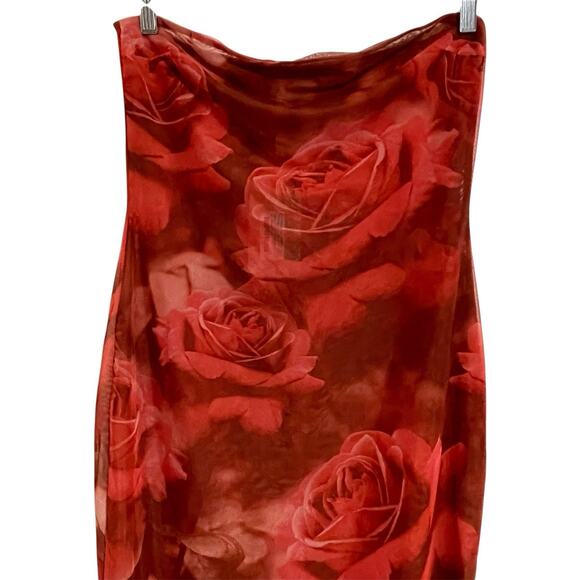 Meshki Aphrodite Strapless Mesh Midi Dress Size L Red Rose Print Sheer Party NWT - Picture 4 of 15